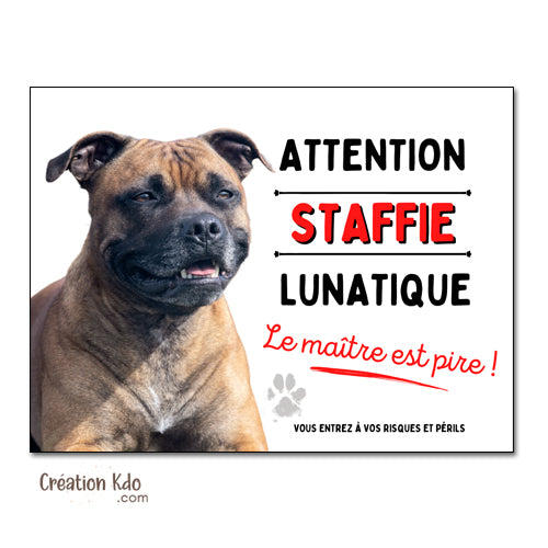 Plaque Attention Staffie lunatique le maître est pire Panneau chien (pelage fauve)