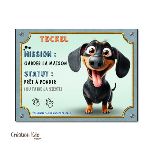 Panneau Teckel Humour "Mission Garder la Maison" - Plaque de Portail Attention au Chien Style Cartoon