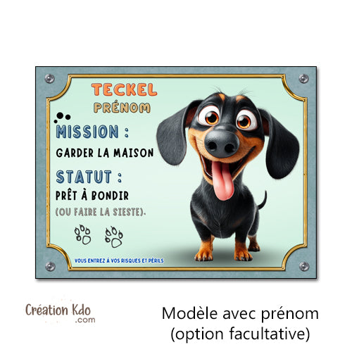 Panneau Teckel Humour "Mission Garder la Maison" - Plaque de Portail Attention au Chien Style Cartoon photo