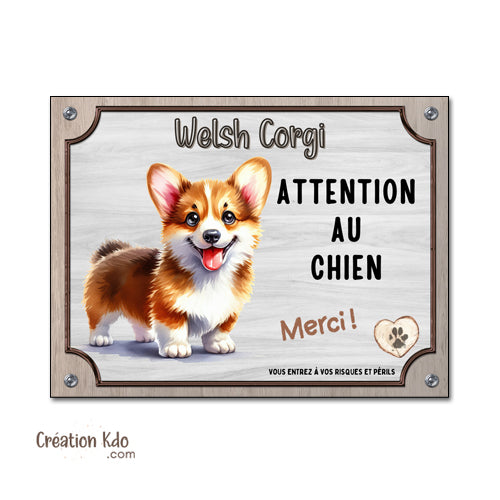 Panneau Attention au chien Welsh Corgi plaque je monte la garde