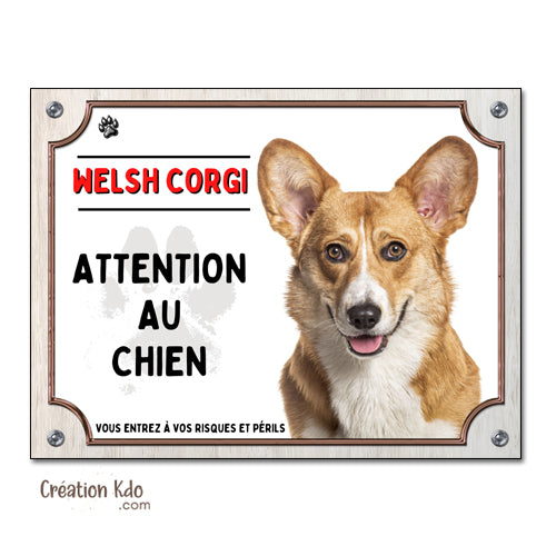 Plaque Attention au chien Welsh Corgi Panneau de portail