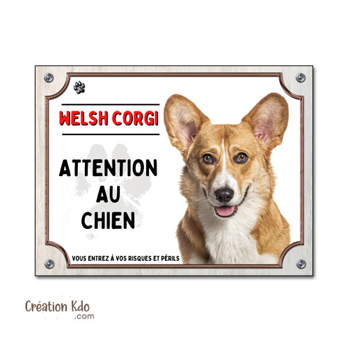 Plaque Attention au chien Welsh Corgi Panneau de portail