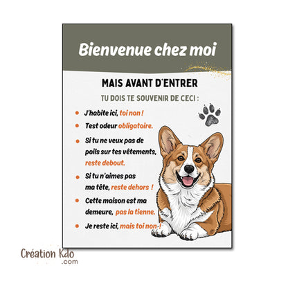 Plaque Welsh Corgi Humour "Bienvenue chez moi"  Règles de la Maison Panneau test odeur poil de chien