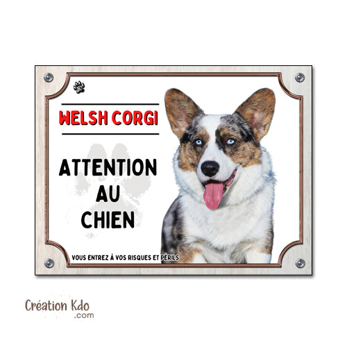 Panneau de Garde chien Welsh Corgi Bleu Merle - Plaque de Signalisation en Aluminium
