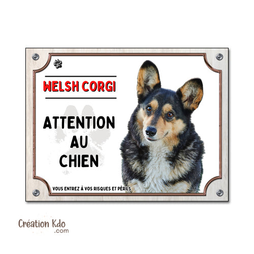 Plaque "Attention au Chien" Corgi Tricolore - Panneau en Aluminium
