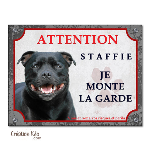 plaque staffie noir chien monte la garde panneau portail pancarte