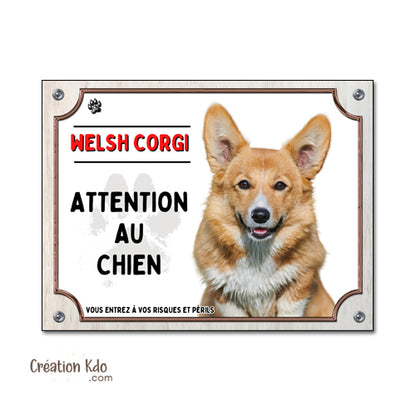 Plaque "Attention au Chien" Corgi pelage roux - Panneau en métal Aluminium