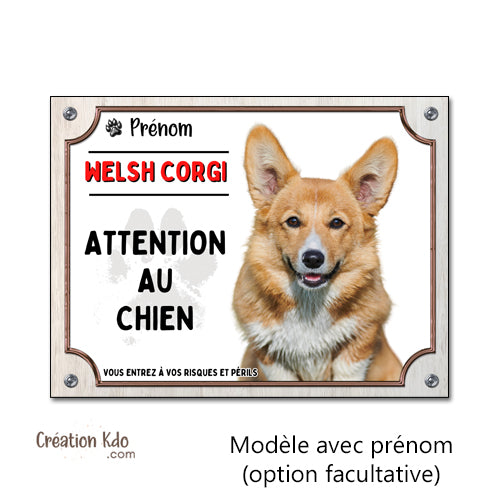 Plaque "Attention au Chien" Corgi pelage roux - Panneau en métal Aluminium personnalisé