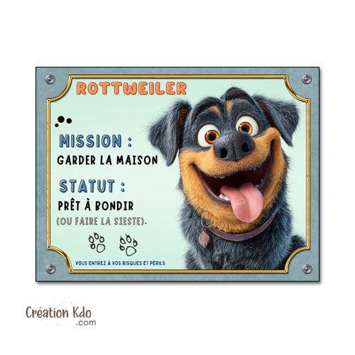Panneau Rottweiler Humour "Mission Garder la Maison" - Plaque de Portail Attention au Chien Style Cartoon