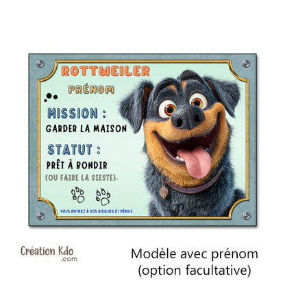 Panneau Rottweiler Humour "Mission Garder la Maison" - Plaque de Portail Attention au Chien Style Cartoon personnalisé