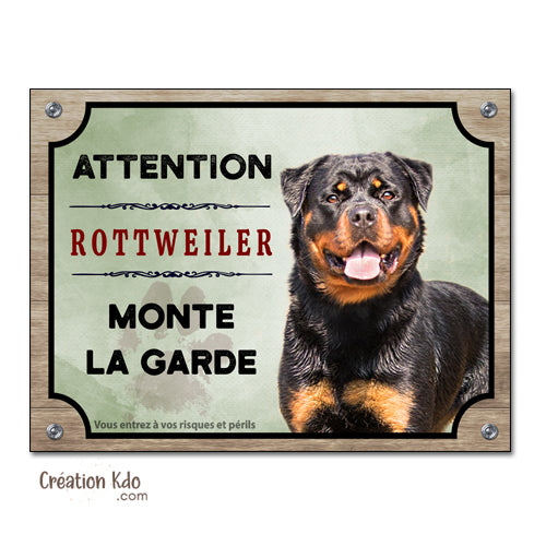 Plaque chien Attention Rottweiler monte la garde Panneau portail modèle fond vert