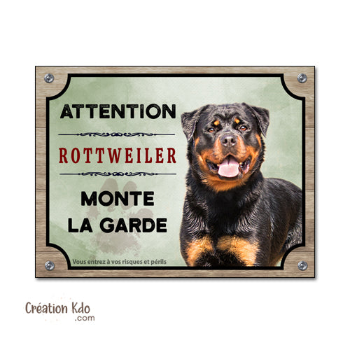 Plaque chien Attention Rottweiler monte la garde Panneau portail modèle fond vert