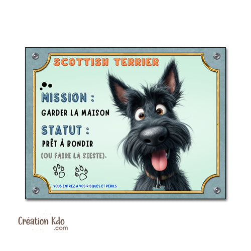Panneau chien Scottish Terrier Humour "Mission Garder la Maison" - Plaque de Portail personnalisé