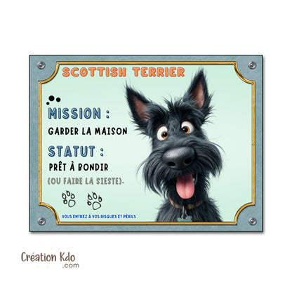 Panneau chien Scottish Terrier Humour "Mission Garder la Maison" - Plaque de Portail personnalisé
