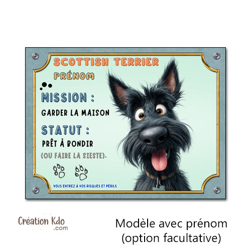 Panneau chien Scottish Terrier Humour "Mission Garder la Maison" - Plaque de Portail