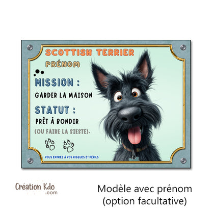 Panneau chien Scottish Terrier Humour "Mission Garder la Maison" - Plaque de Portail