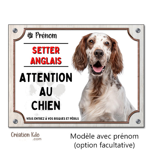 plaque setter anglais attention au chien panneau monte la garde à personnaliser prénom