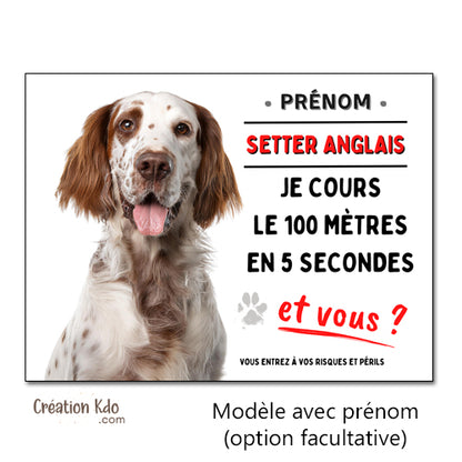 plaque humour 100 mètres setter anglais attention au chien panneau monte la garde personnalisé