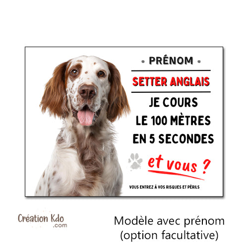 plaque humour 100 mètres setter anglais attention au chien panneau monte la garde personnalisé