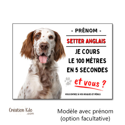 plaque humour 100 mètres setter anglais attention au chien panneau monte la garde personnalisé