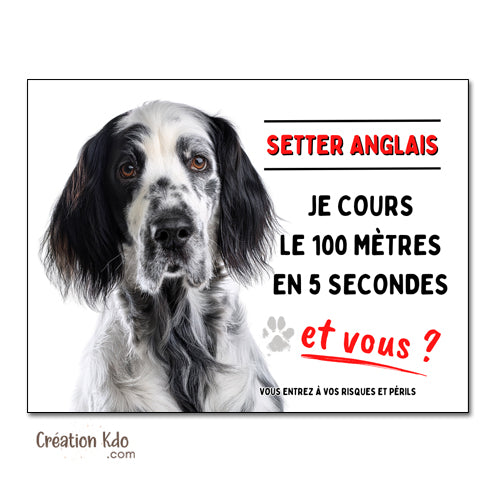 plaque humour 100 mètres setter anglais tache noir attention au chien panneau monte la garde