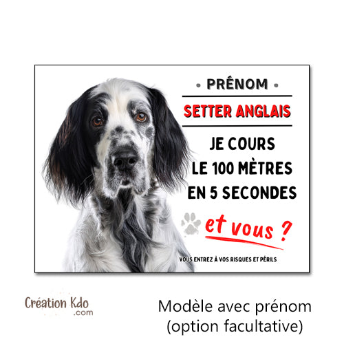 plaque humour 100 mètres setter anglais tache noir attention au chien panneau monte la garde personnalisé