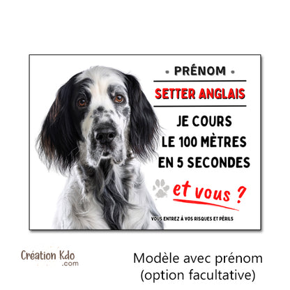 plaque humour 100 mètres setter anglais tache noir attention au chien panneau monte la garde personnalisé