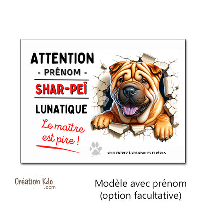 Shar-Peï Plaque Attention au chien Panneau de portail monte la garde humour lunatique personnalisé