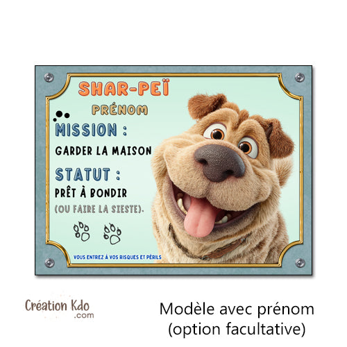 Panneau Shar-Peï Humour "Mission Garder la Maison" Plaque chien personnalisée
