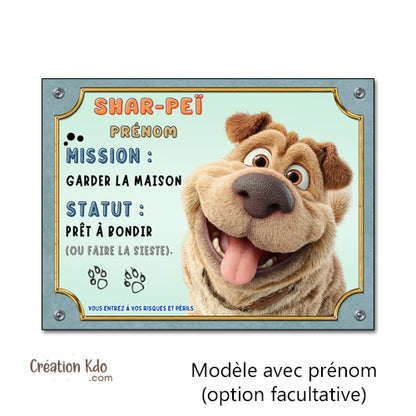 Panneau Shar-Peï Humour "Mission Garder la Maison" Plaque chien personnalisée
