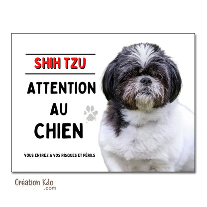 Plaque Attention au chien Shih Tzu noir et blanc Panneau de portail