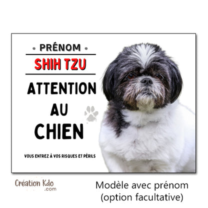Plaque Attention au chien Shih Tzu noir et blanc Panneau de portail