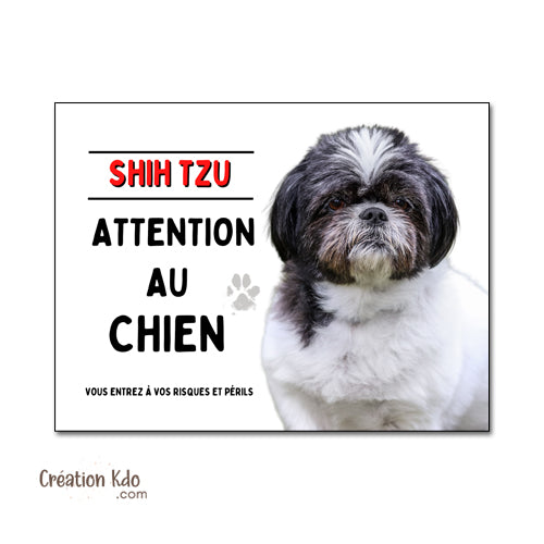 Plaque Attention au chien Shih Tzu noir et blanc Panneau de portail