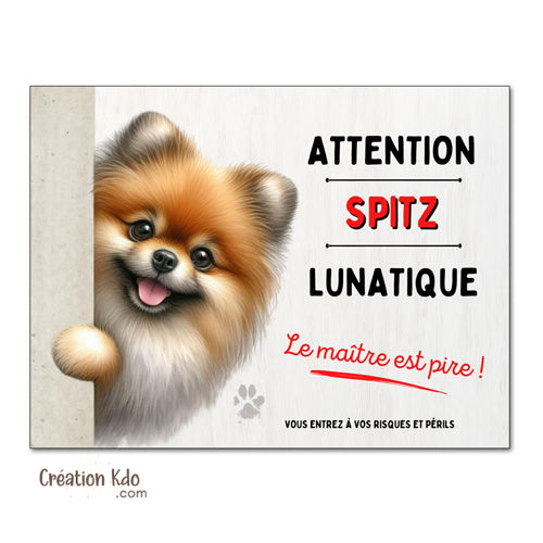 Spitz Plaque humour Attention au chien lunatique Panneau