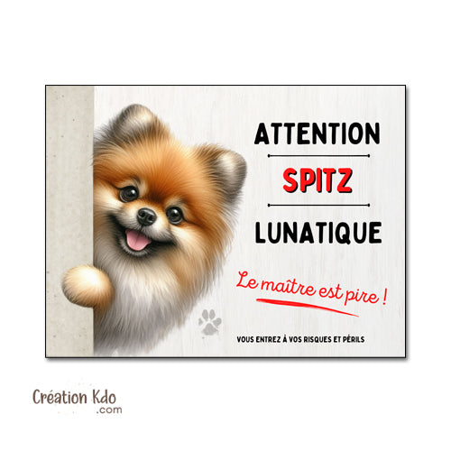 Spitz Plaque humour Attention au chien lunatique Panneau