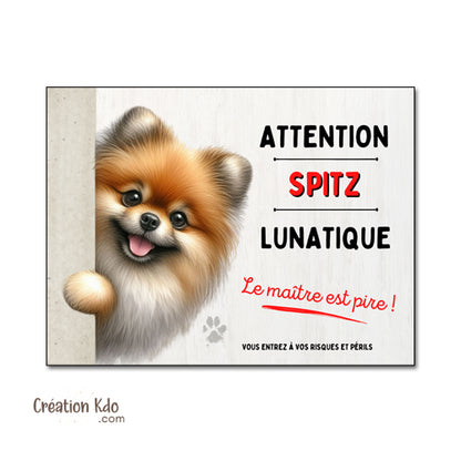 Spitz Plaque humour Attention au chien lunatique Panneau