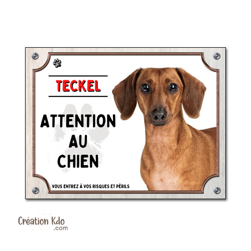 panneau attention au chien teckel marron plaque monte la garde portail