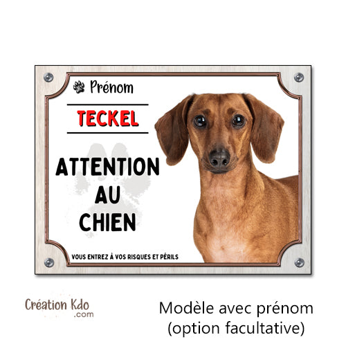 panneau attention au chien teckel marron plaque monte la garde portail