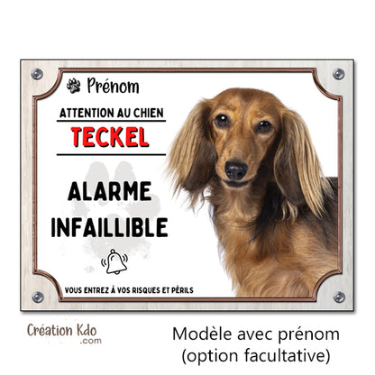 panneau attention au chien teckel poil long plaque je monte la garde portail à personnaliser