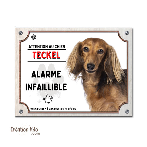 panneau attention au chien teckel poil long plaque je monte la garde portail humour 