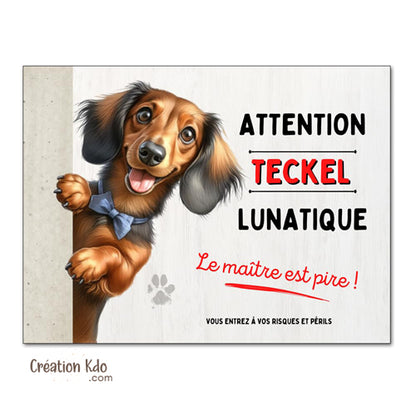 plaque teckel attention au chien panneau lunatique monte la garde portail pancarte