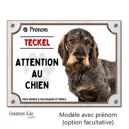 panneau attention au chien teckel poil dur plaque monte la garde portail