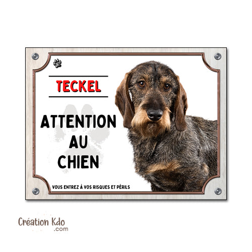 panneau attention au chien teckel poil dur plaque monte la garde portail