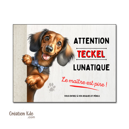 Plaque Attention Teckel lunatique Panneau (pelage à poils longs marron)