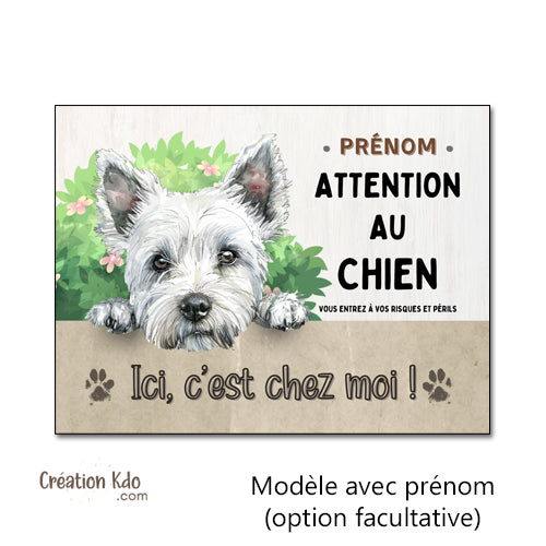 Plaque Westie "Attention au Chien" Style Dessin Illustré - Panneau Portail Aluminium à personnaliser